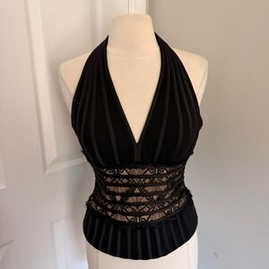 Y2K BLACK CACHE LACE OVERLAY HALTER NECK TOP